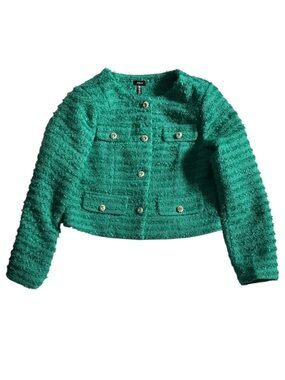 Aqua Girls Emerald Green Tweed Cropped Blazer with Decorative Buttons